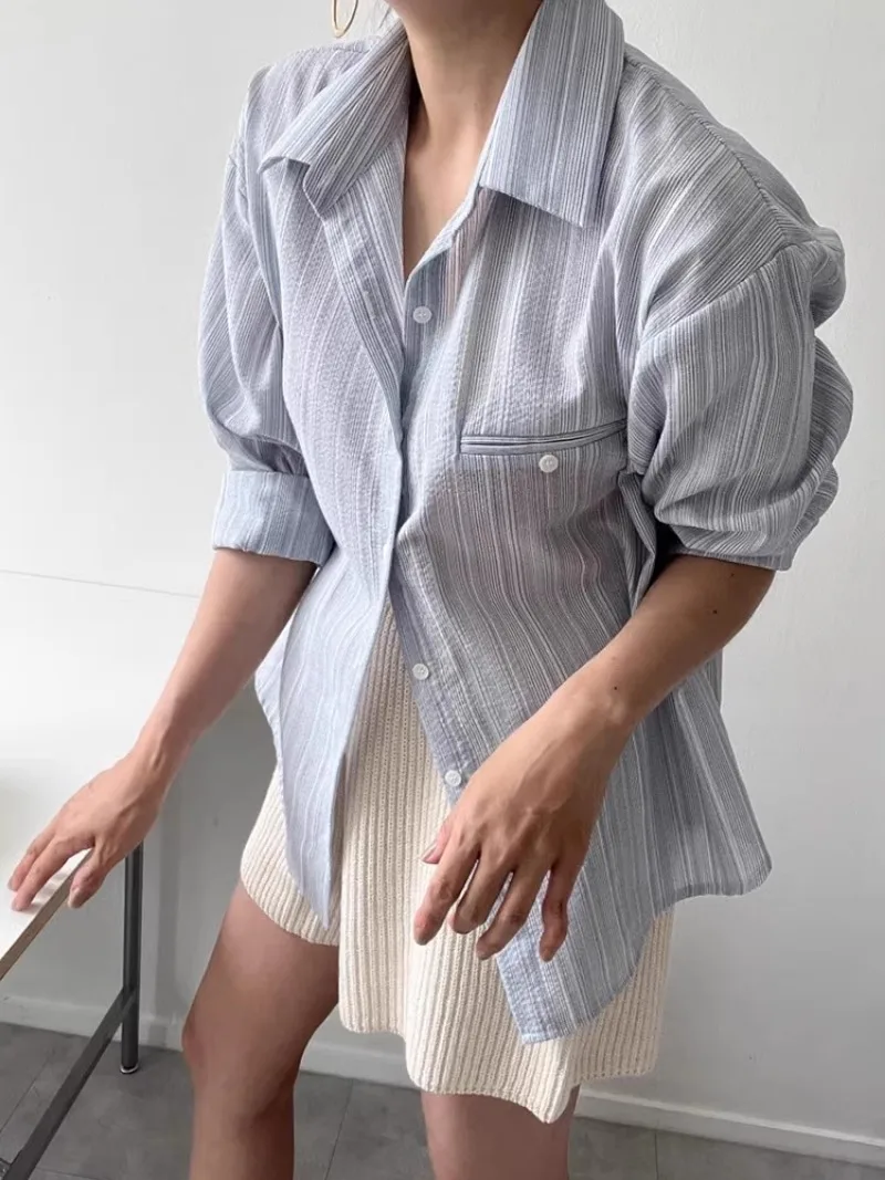 Korean Chic Stripe Shirts & Blouses Laple Neck Blusas Single Breasted Ropa Mujer Long Sleeve Woman 2024 Camisas Loose Blusa