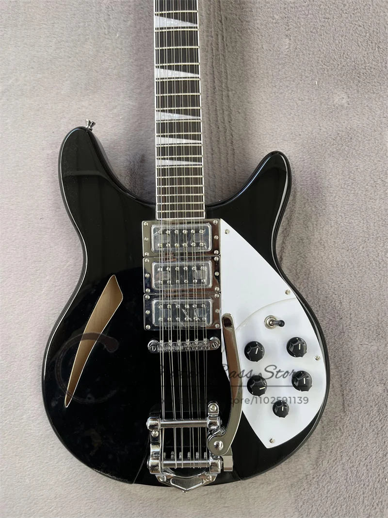 Black Electric Guitar 360 Guitar Maple Semi Hollow Body Tremolo Bridge Rosewood Fingerboard White Binding 5 Switch