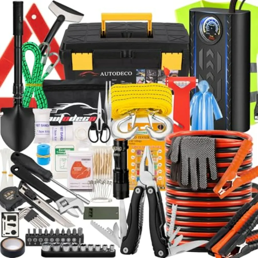 

98 PCS Roadside Car Emergency Assistance Kit with Portable Air Compressor Jumper Cables Safety Hammer All in One Pliers Tool Se