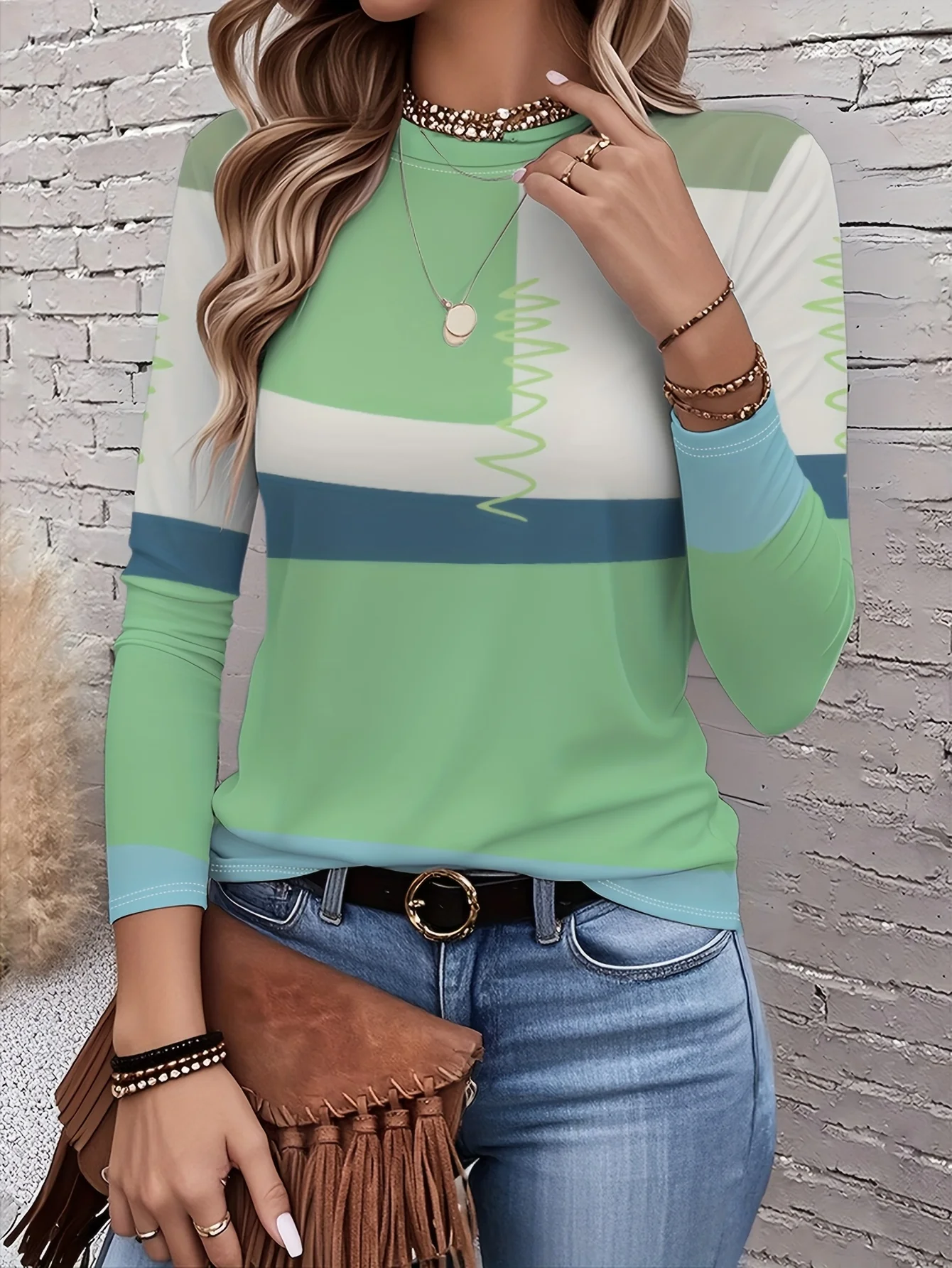 Brightly colored checkered pattern women's round neck long-sleeved top, a new 2026 style for everyday street fashion.