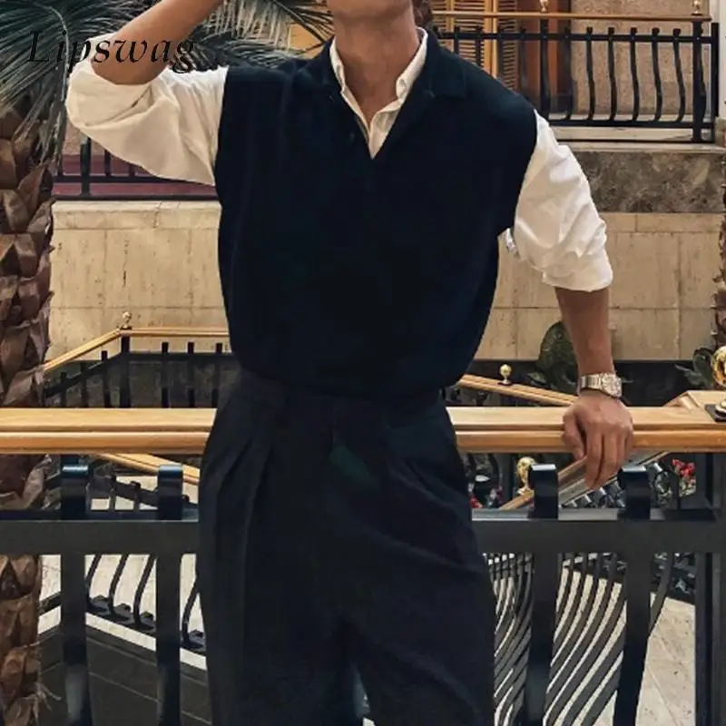 

Стильные мужские вязаные джемперы без рукавов, весенне-осенние модные однотонные мужские свитера на пуговицах с лацканами, винтажные тонкие вязаные майки