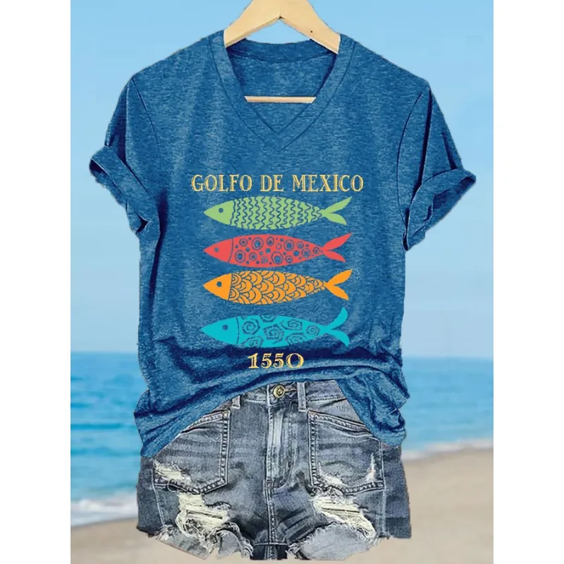 Women's Short Sleeve Gulf of Mexico Colorful Fish Print T-Shirts Summer Casual V Neck Tops Tees
