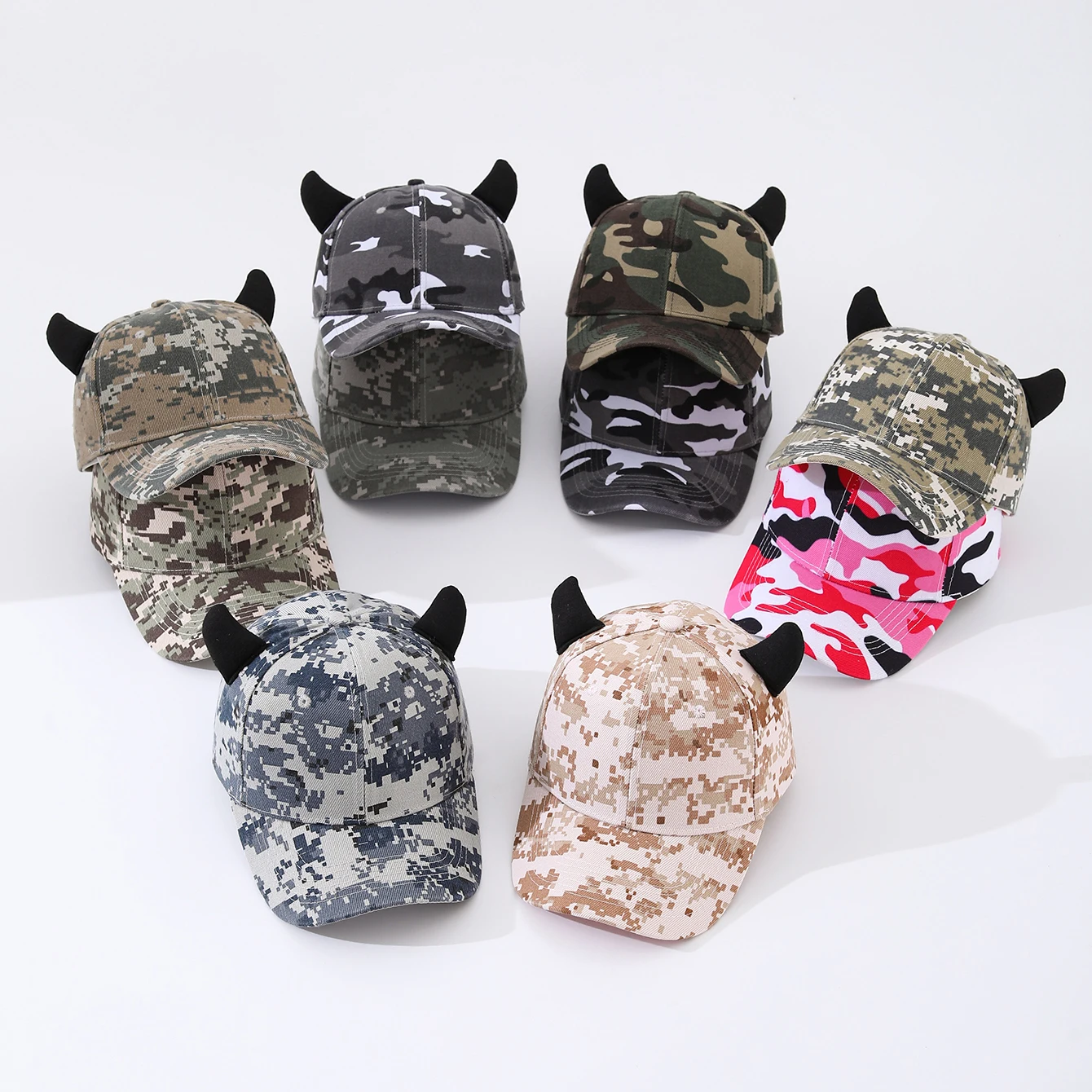 Fashion Multicolor Camouflage Baseball Hat, Solid Hard Top, Fun Bull Horn Ears, Ideal for Outdoor Sun Protection