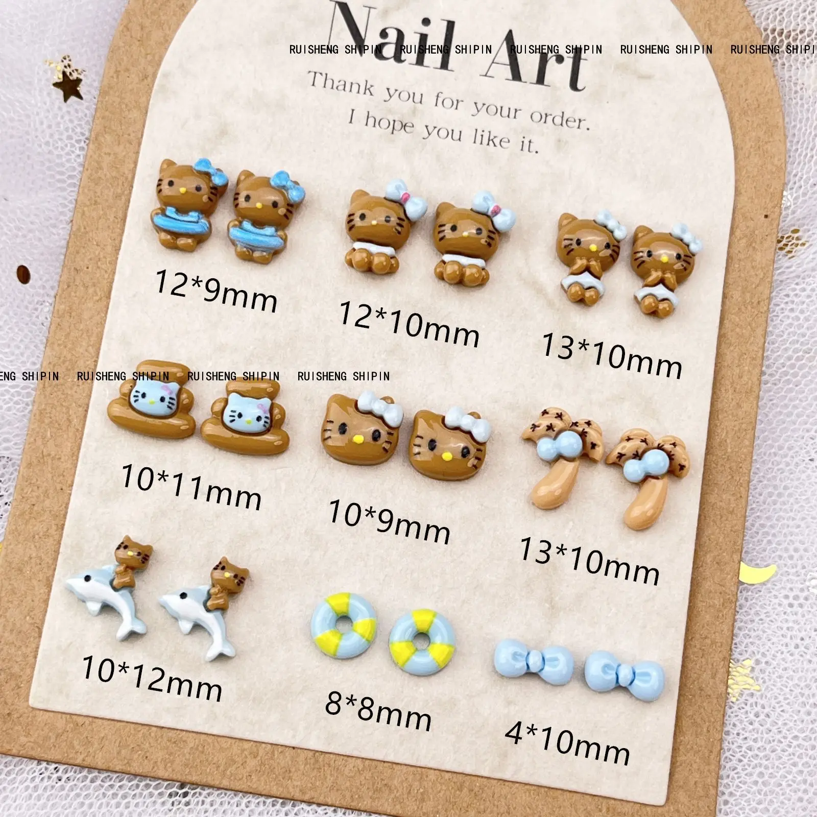 20Pcs New Black Skin Kitty Cartoon Nail Accessories Blue Swimming Circle Hawaiian Beach Nail Resin Accessories