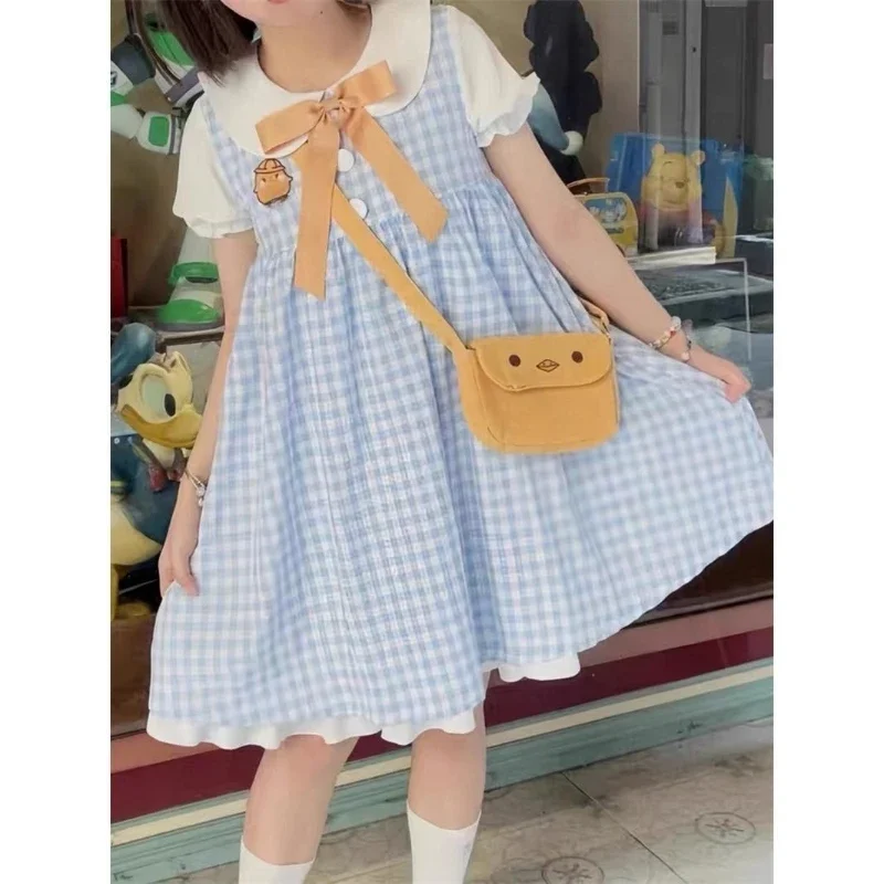 Japan Sweet Lolita Kawaii Mini Dresses Sissy Cross-dressing Fake Two Piece Puff Sleeve Doll Collar Bow Dress ABDL  A-line Dress