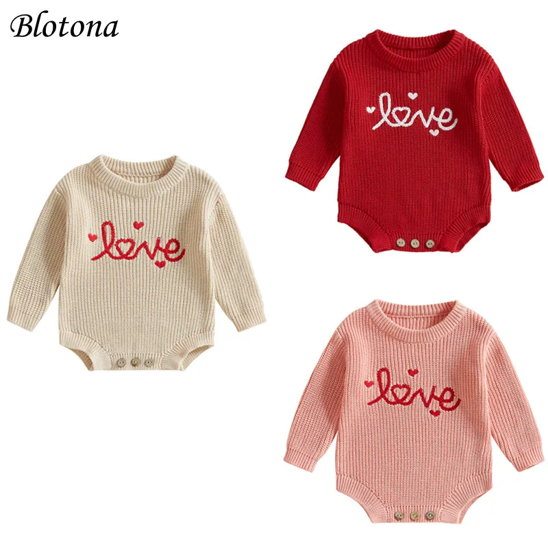 Blotona Newborn Baby Girl Valentine’s Day Sweater Romper Long Sleeve Round Neck Letter Embroidery Knitted Bodysuit Infant Outfit