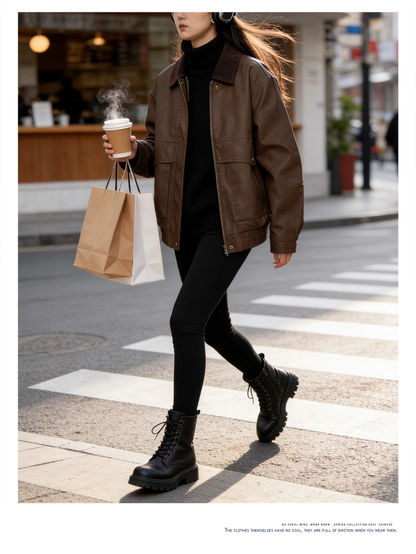 เสื้อแจ็คเก็ตหนัง PU สไตล์เรโทร คอปก สีน้ำตาล สำหรับผู้ชายและผู้หญิง สไตล์วินเทจ แนวกลางๆ  แขนยาว ปิดซิป