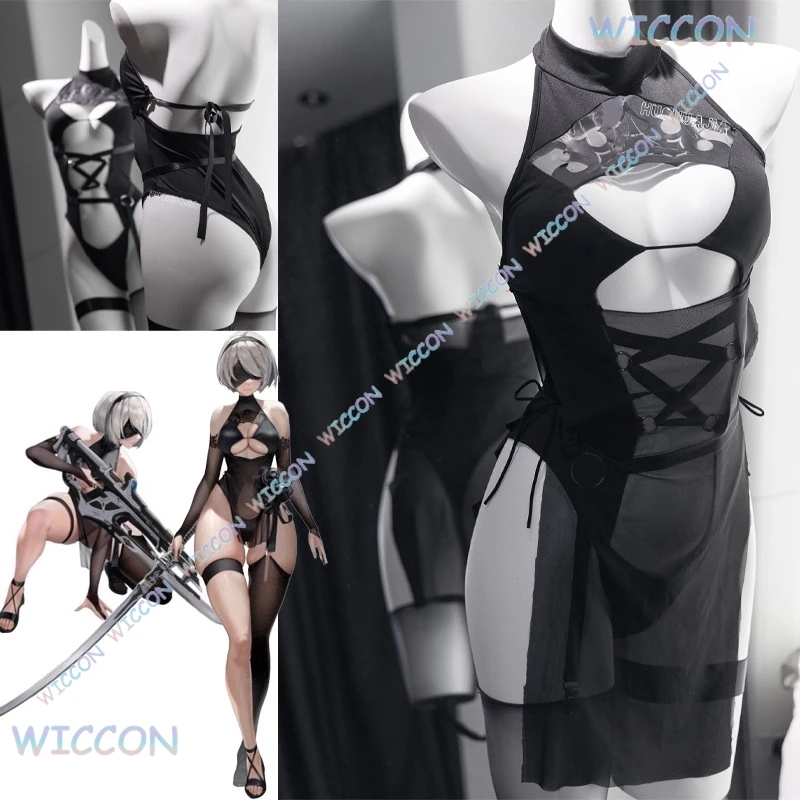 [YiNuo Store]Game NieR: Automata 2B Cosplay Costume Black Sexy Uniforms Jumpsuit Women Summer Swimsuit Wig Halloween Party Role