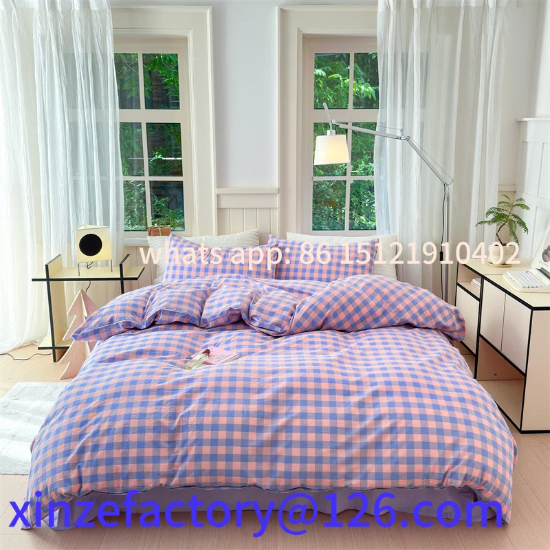 

Customizable 100% Cotton Colorful Plaid Duvet Cover Set Girls Women Bedroom Purple and Pink