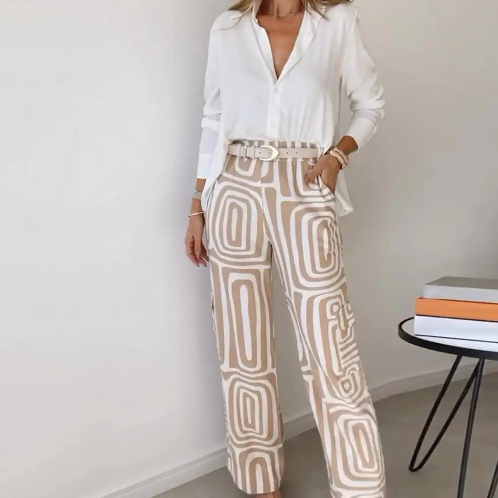 

Lightweight Suit Set Stylish Women's Shirt Pants Set with Long Sleeves Lapel Collar High Waist Loose Printed Full for Commute