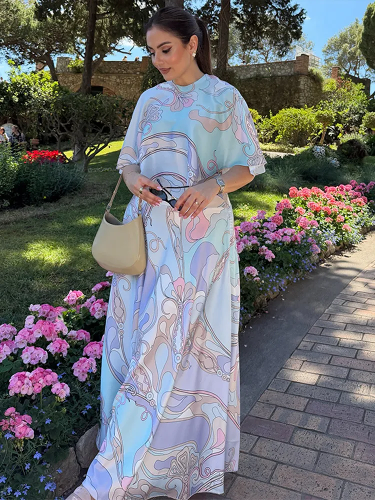 Swirl Print Cape Sleeve Blouse Skirt Set Oversized Short Sleeve 2026 Summer Causal Women Outfit Vacation Boho Lady Ensemble - Image 2