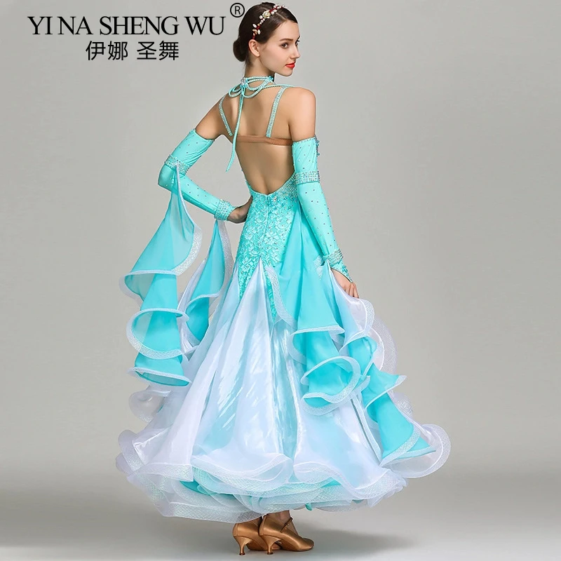 ชุดเต้นรำสมัยใหม่สำหรับผู้ใหญ่ ผู้หญิง ชุดเดรสผ้าชีฟองเปิดหลัง ทรงสวิงขนาดใหญ่ ชุดเต้นรำมาตรฐานระดับชาติ ชุดแสดงวอลทซ์ ชุดราตรี