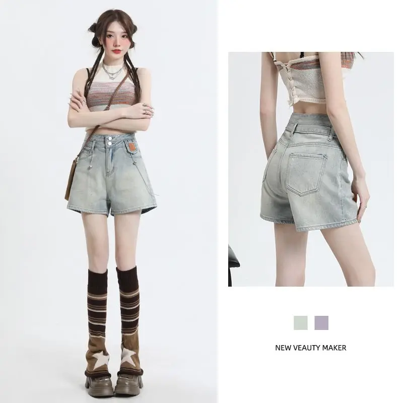 

High-waisted Slimming A-line Jeans Shorts Women Bleached Wide Leg Denim Shorts Summer Girl Washed Loose Shorts Casual Streetwear