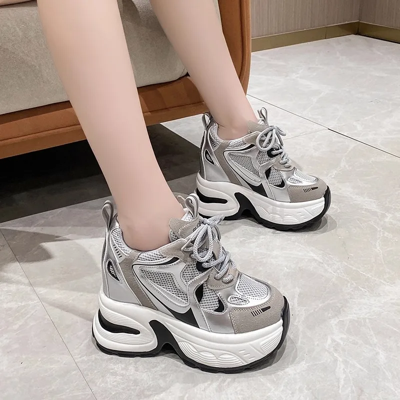 أحذية رياضية نسائية عالية الجودة مقاس 10 سم، أحذية رياضية شبكية خفيفة الوزن قابلة للتنفس للنساء، أحذية رياضية بكعب سميك من الجلد #4