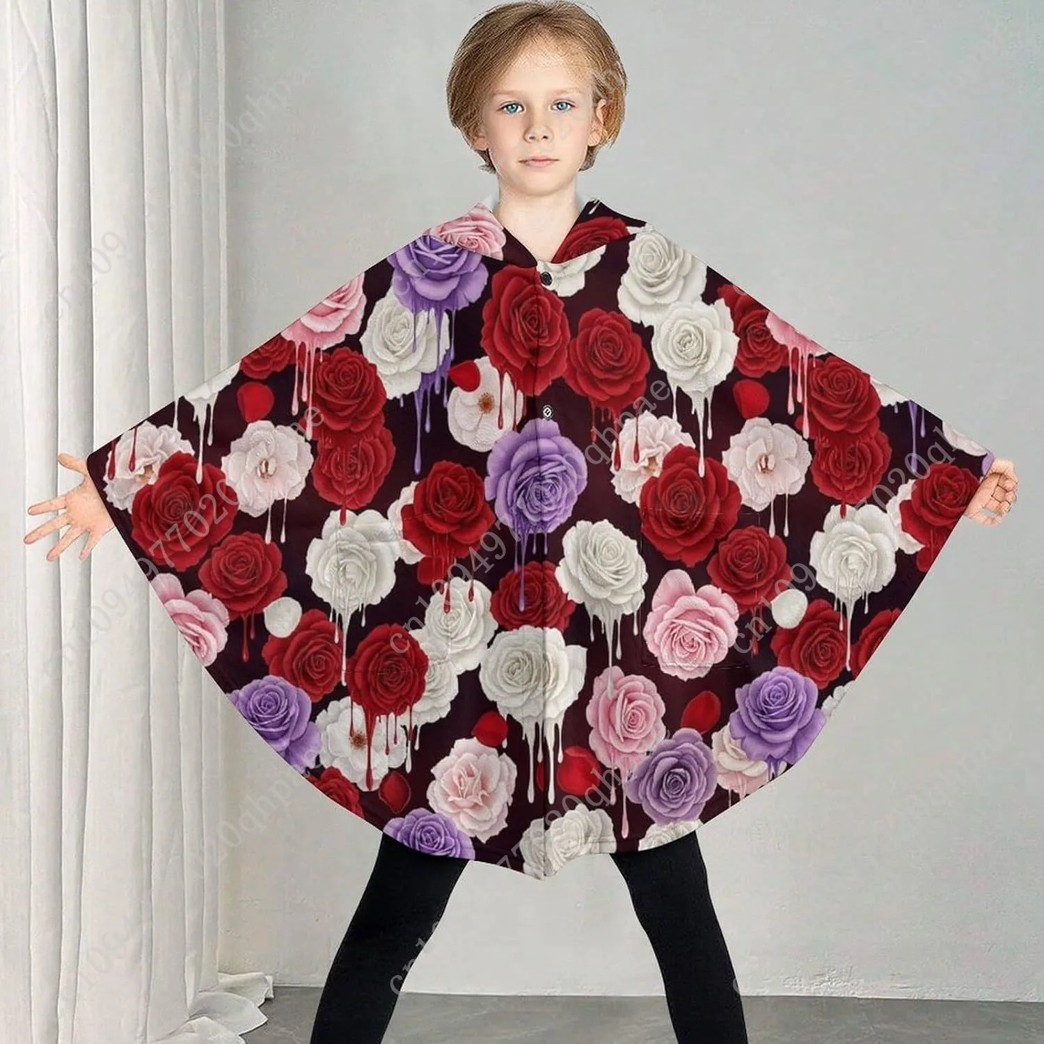 Gezellige flanellen deken trui, rozenpatroon druipende verf oversized hoodie met zakken voor kinderen en tieners