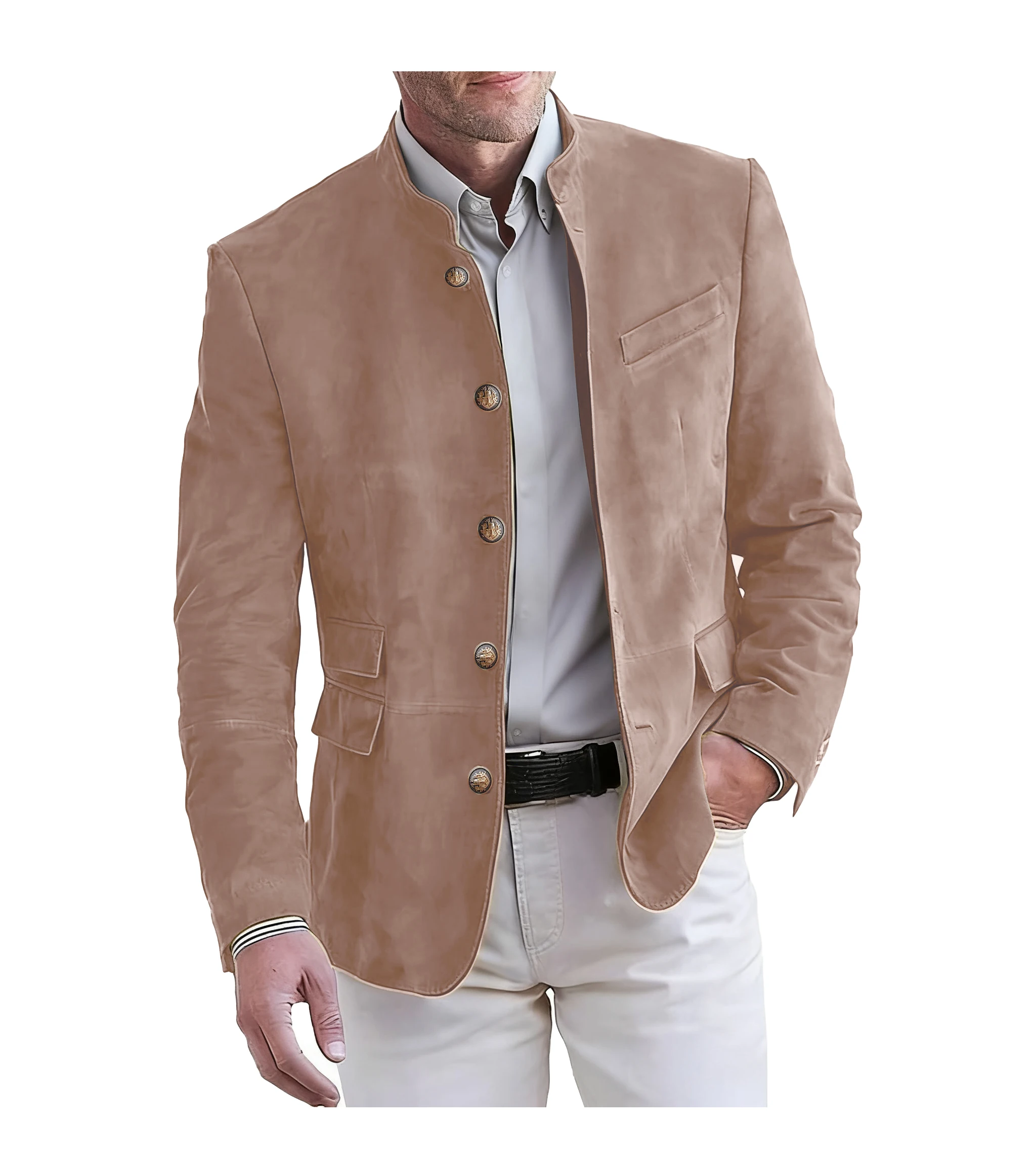 남성용 우아한 멀티 포켓 블레이저 재킷 스탠드 칼라 싱글 브레스티드 캐주얼 아우터웨어 솔리드 컬러 레귤러 남성 오피스 재킷