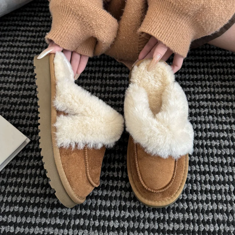 الفراء الشقق نعال من القطن أحذية خفيفة أنيقة الجلد المدبوغ الشتاء الثلوج الأحذية 2025 العلامة التجارية الجديدة الراحة فستان Slingback المنزل Mujer بوتاس