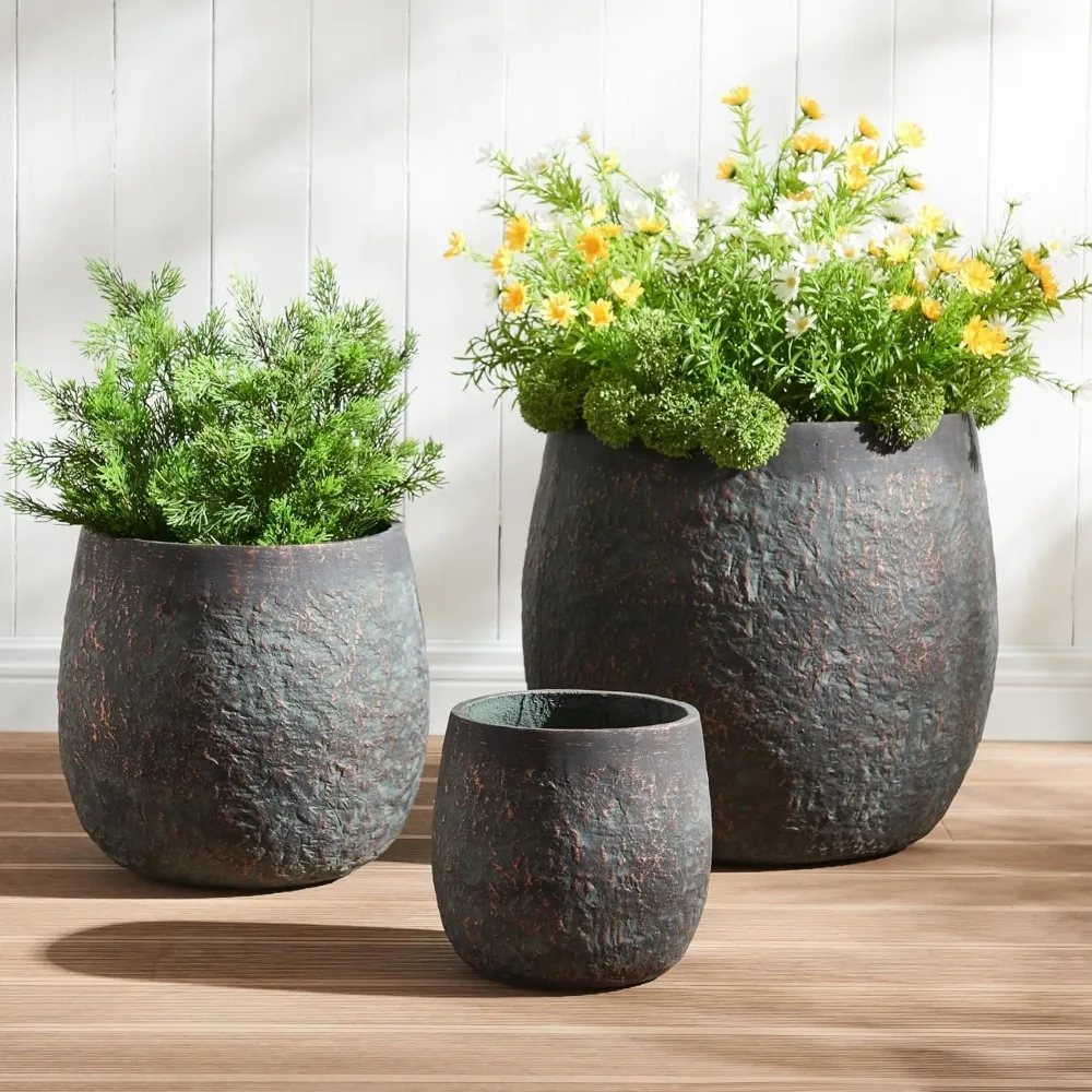 

Large Outdoor Planter, 17.32"+12.99"+9.06" Dia Round Weathered Concrete Planter Set of 3, Flower Pots with Drainage Holes, Seali