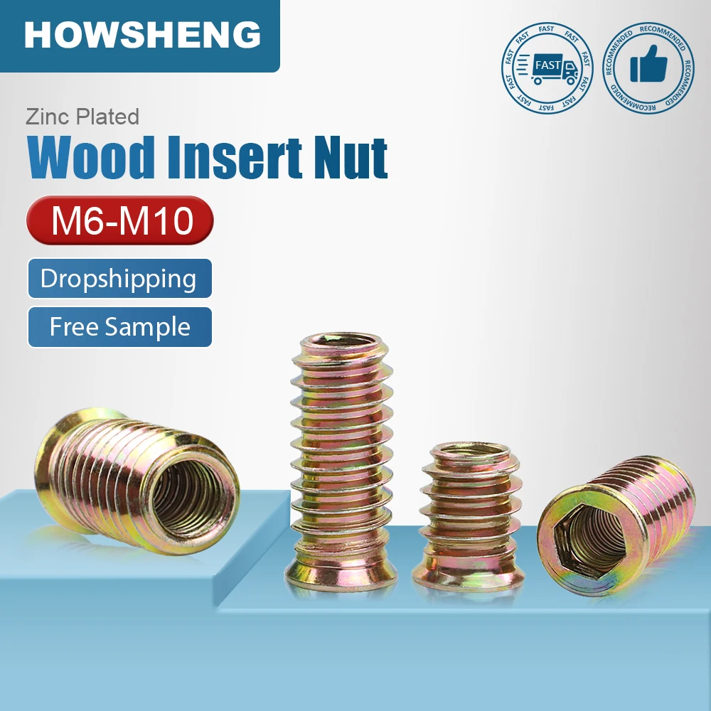 HOWSHENG 5-40pcs Wood Insert Nut M6 M8 M10 Carbon Steel Zinc Plated  Hexagon Wood Insert Nut Screw in Nut Connector