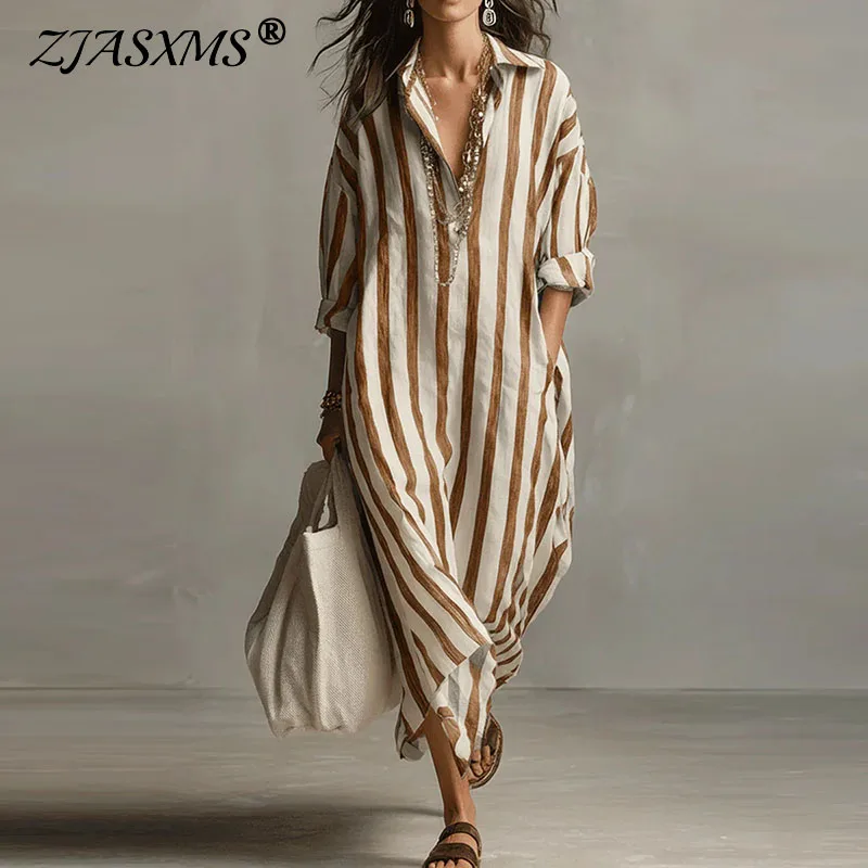 

Новое женское повседневное платье весна-лето 2026: элегантное, с V-образным вырезом, в полоску, длинное, с карманами, свободного кроя, в стиле бохо, для пляжа