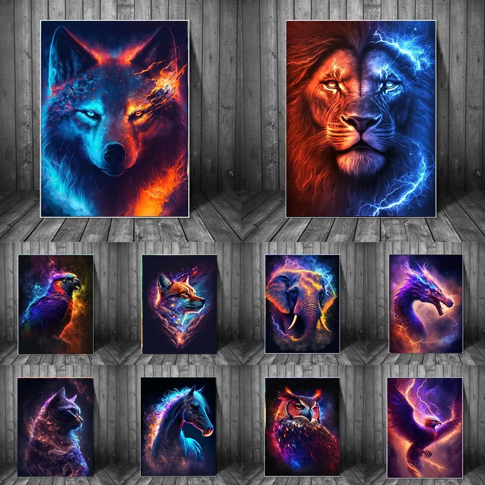 Fire Ice Wolf Lion Abstract Colorful Graffiti Canvas Painting Cat Parrot Owl Fantasy Animals Wall Posters Prints Room Home Decor