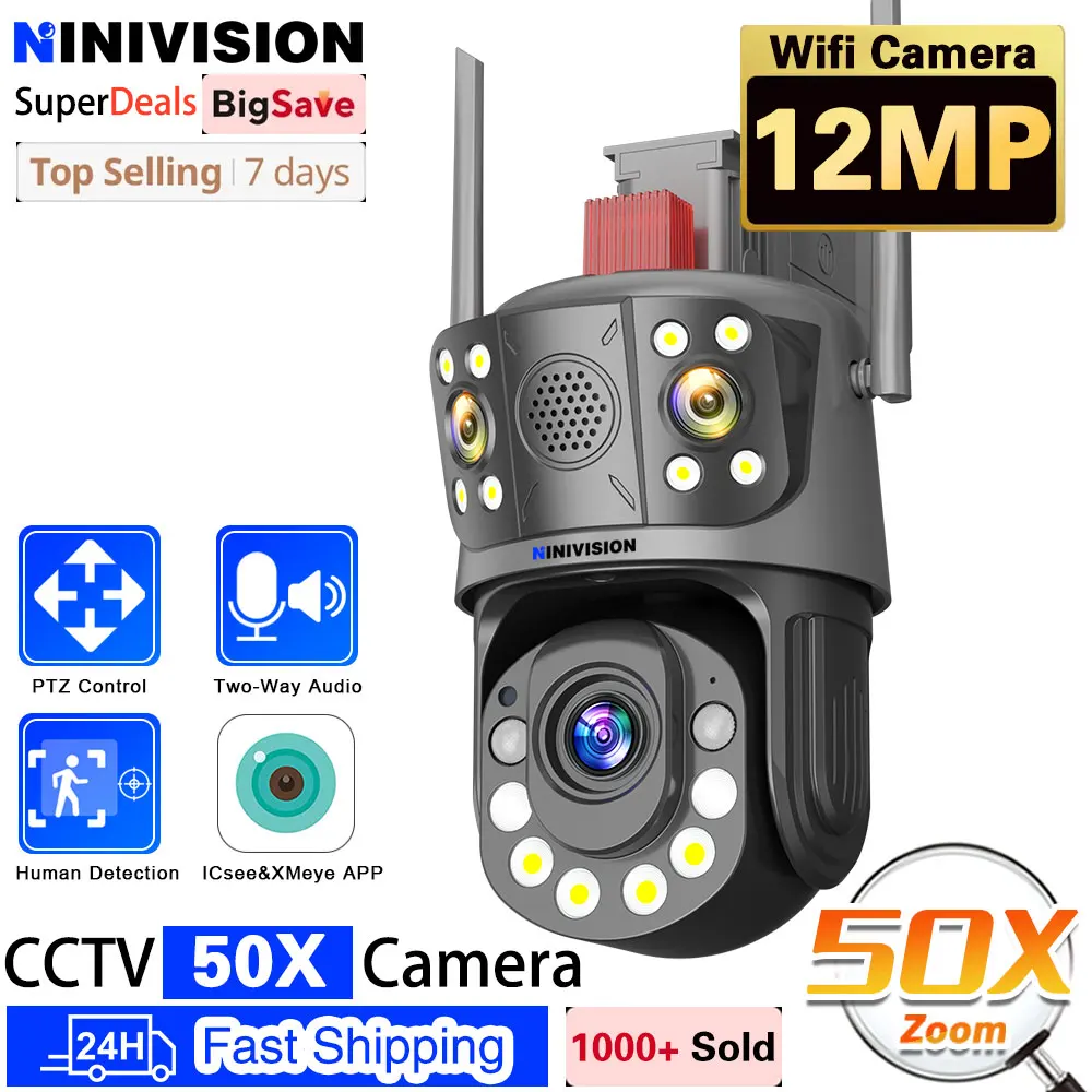 

6K 12MP Three Lens WiFi Video Surveillance Camera IR 150-200m 50X Zoom CCTV Cam AI Human Detect Outdoor Security PTZ IP Cameras