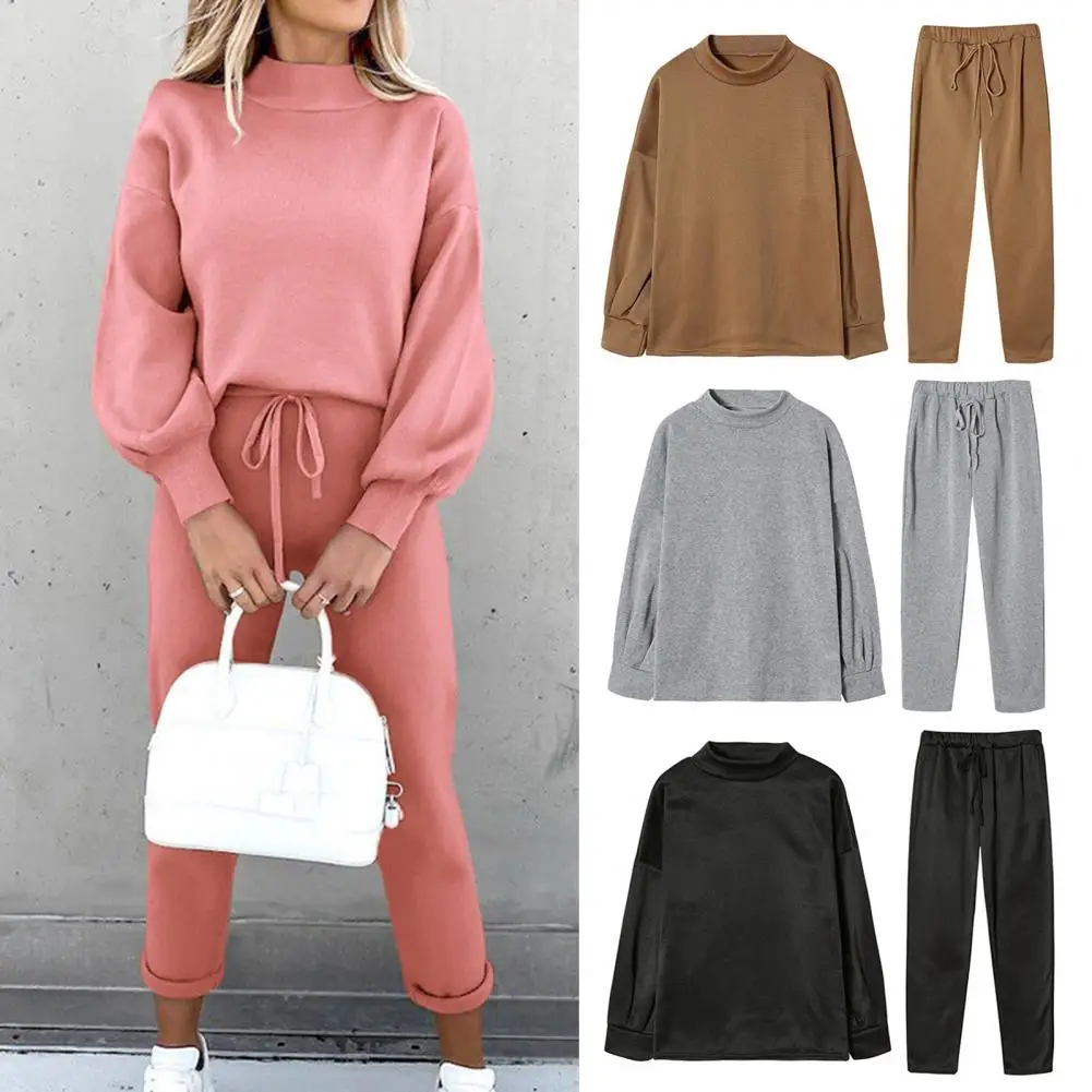 Women High Waist Trousers Women's High Collar Sweatshirt Loose Trousers Set Solid Color Sport Outfit with Drawstring for Fall