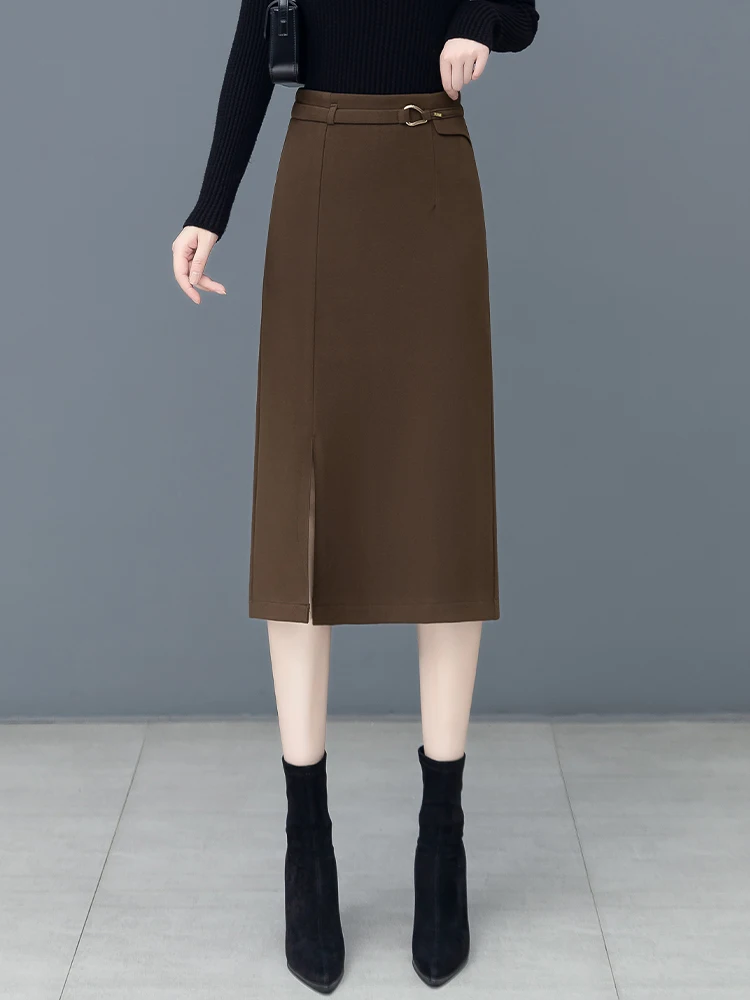 

High Waist A-Line Midi Skirt for Women in Autumn Winter Thickened Polyester Viscose Spandex Knitted Asymmetrical Slit Skirt