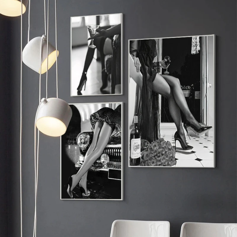 Black White Retro Sexy Woman Canvas Art Poster Wine Car Silk Stockings Girls Print Painting Flower Picture for Living Room Decor