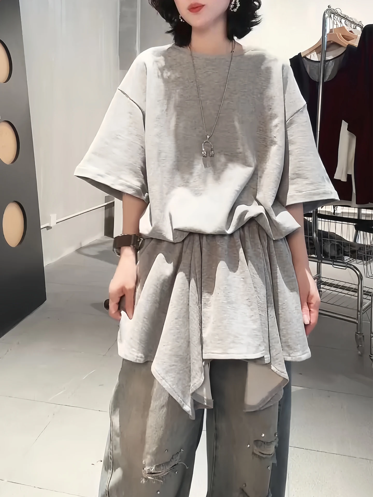 Slimming Casual Loose Women's T-shirt round Neck Splice Waist in Summer New Fashion Versatile European Style Commute Wind