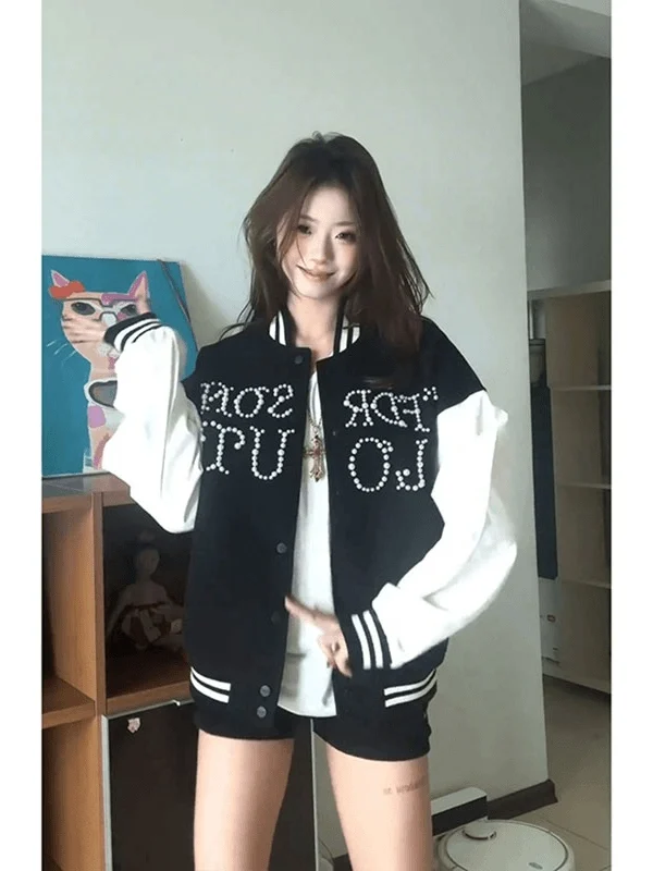 

American Sle Pearl Baseball Jaet ort Men's Autumn Faionable Couple Outerwear Cleanfit Loose pe Polyester Fiber