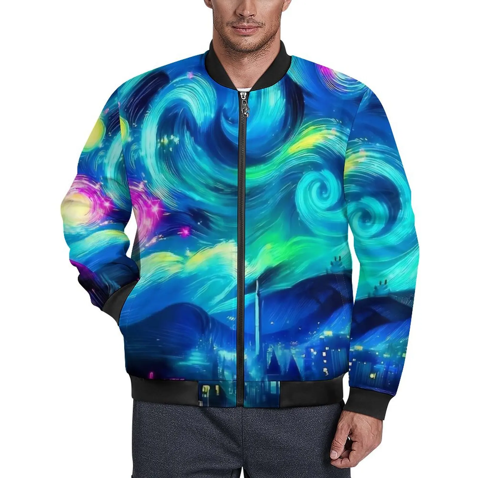 Starry Night Jackets Neon Swirl Print Windproof Autumn Coats Mens Cool Casual Jacket Custom Loose Oversized Windbreakers Present