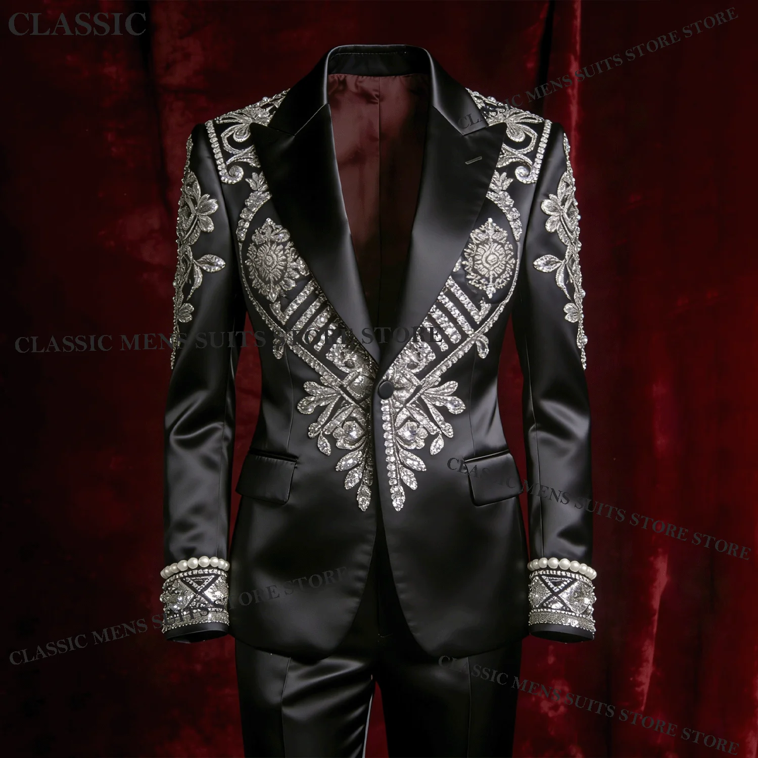 

Glitter Customized Tuxedos Men Suits Sparkly Diamond Decoration Peaked Lapel Groom 2 Pieces Set Wedding Male Prom Blazers suits