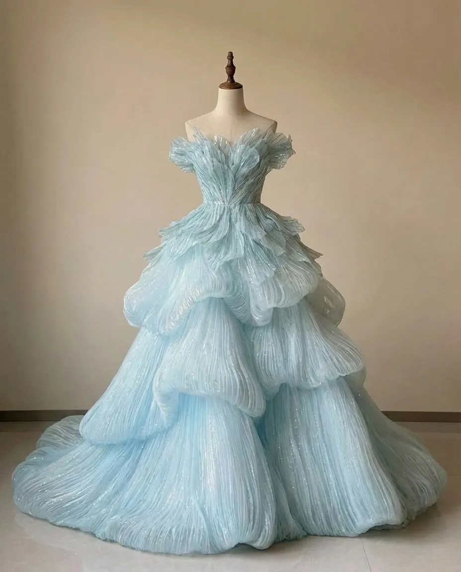 

Ofherown 2026 Dubai Luxury Light Blue Ball Gown Off Shoulder Sparkly Ruffled Tiered Evening Dress with Long Train Customized