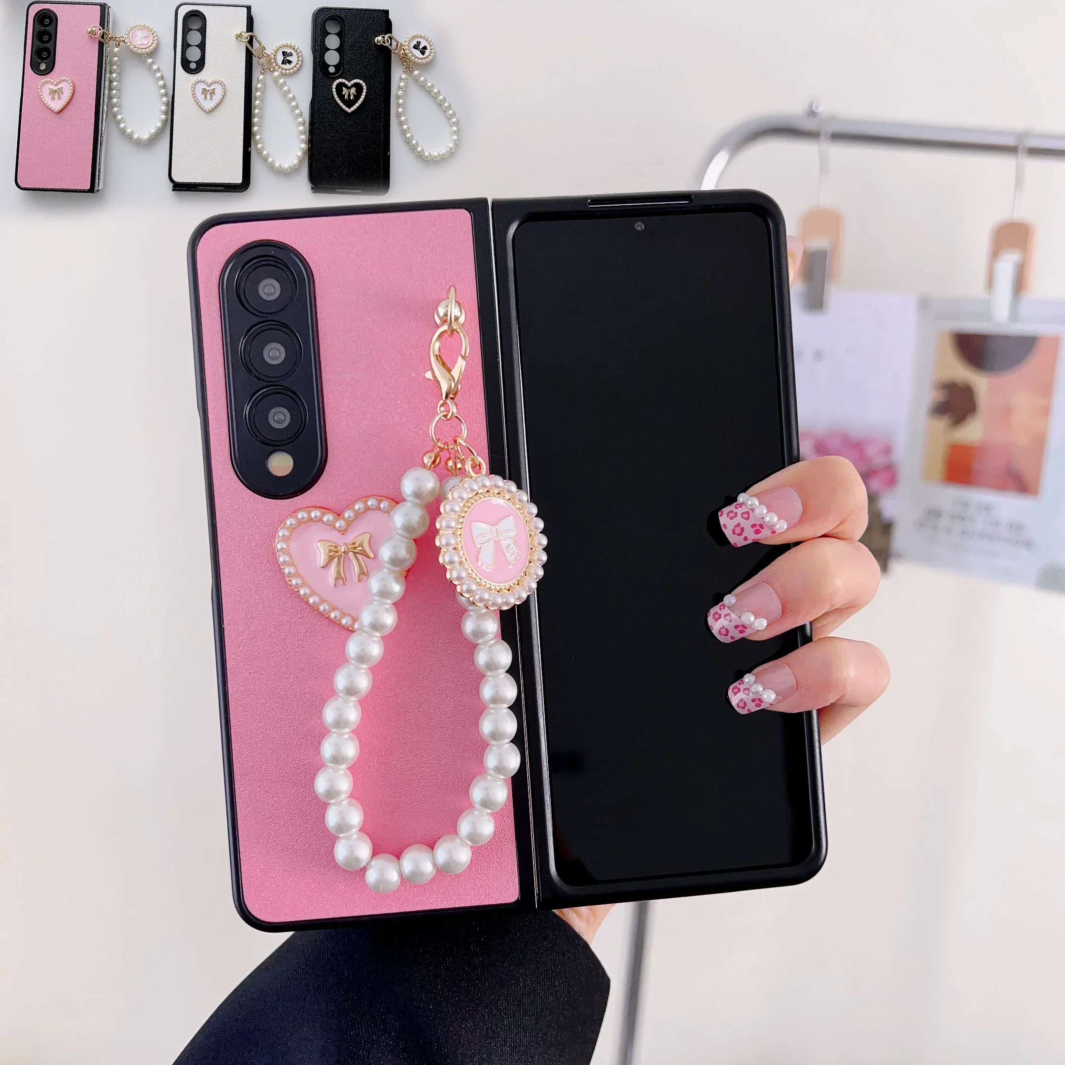 

Luxury Business Sle Fashion Bow Pearl Bracelet Chain Love Heart Leather Phone Case for Samsung Galaxy Z Fold 7 6 5 4 3 Cover