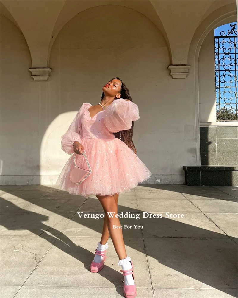 Verngo Shiny Blush Pink Short Prom Party Dress Puff Long Sleeves Sweetheart Mini Sexy Cocktail Dress Homecoming Dress Customized