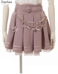 Dophee Landmine Series Bow Pearl Chain All-match High Waist Women Skirt Love Belt Cute Lace Patchwork Princess Pleated Skirts