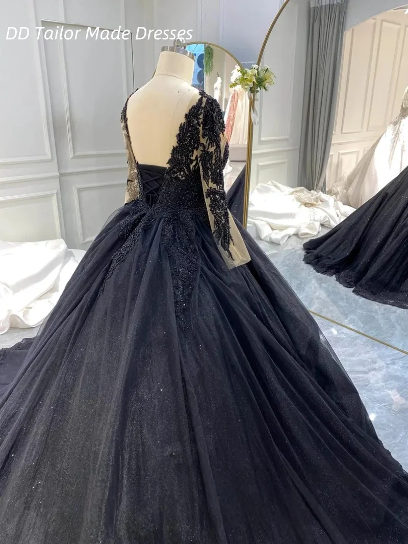 Luxury Black Gothic Wedding Dress Ball Gown Beaded Lace Appliques Sheer Long Sleeves Open Back Bridal Gowns Customized Vestidos
