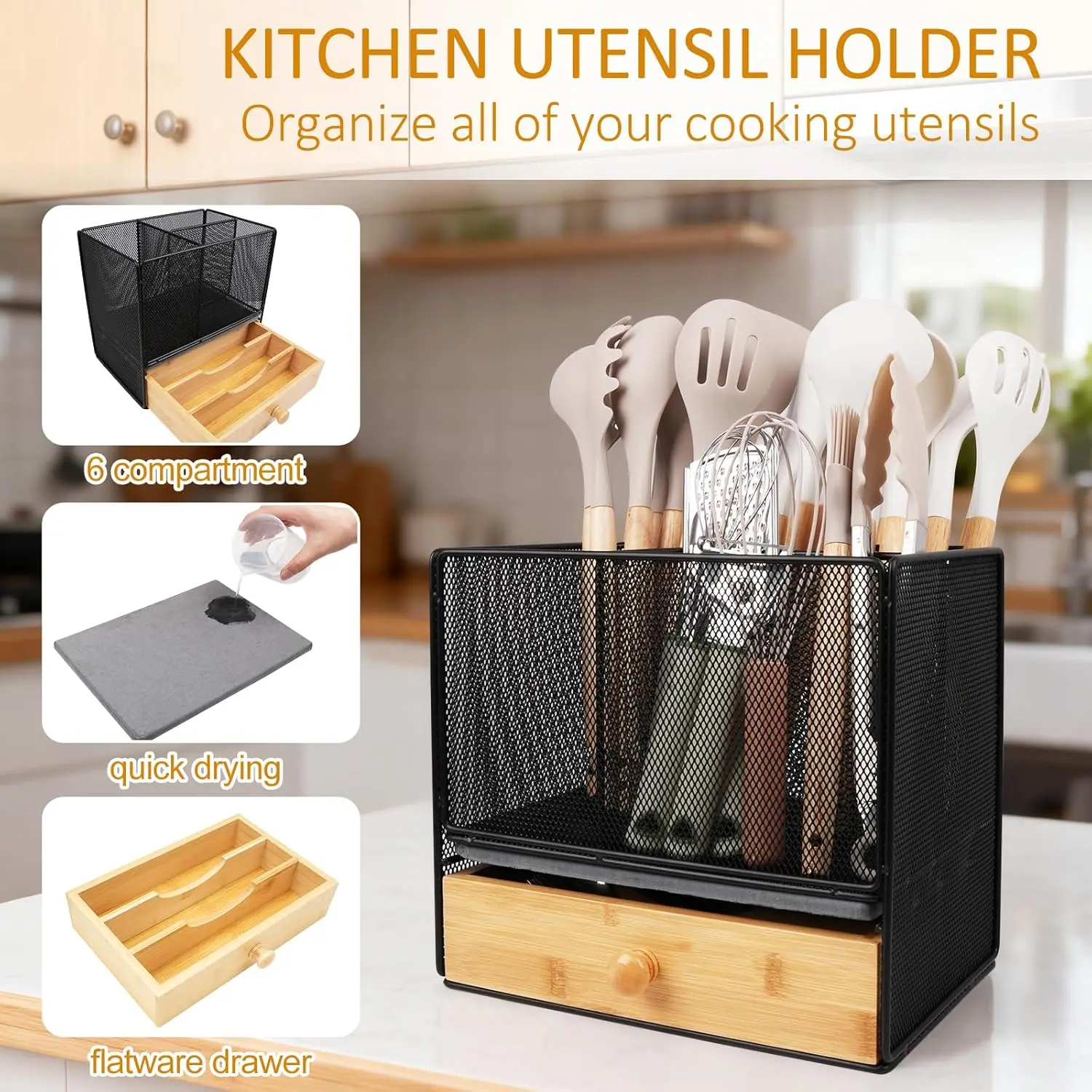 2-in-1 Kitchen Utensil Holder with Drawer & Quick-Dry Diatomite Pad