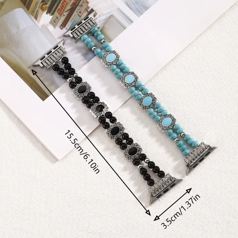Boho Turquoise Beaded Band For Apple Watch 41 45 49 44mm Series11 10 9  8Ultra SE Elastic Stone Bracelet Wristband Jewelry Strap