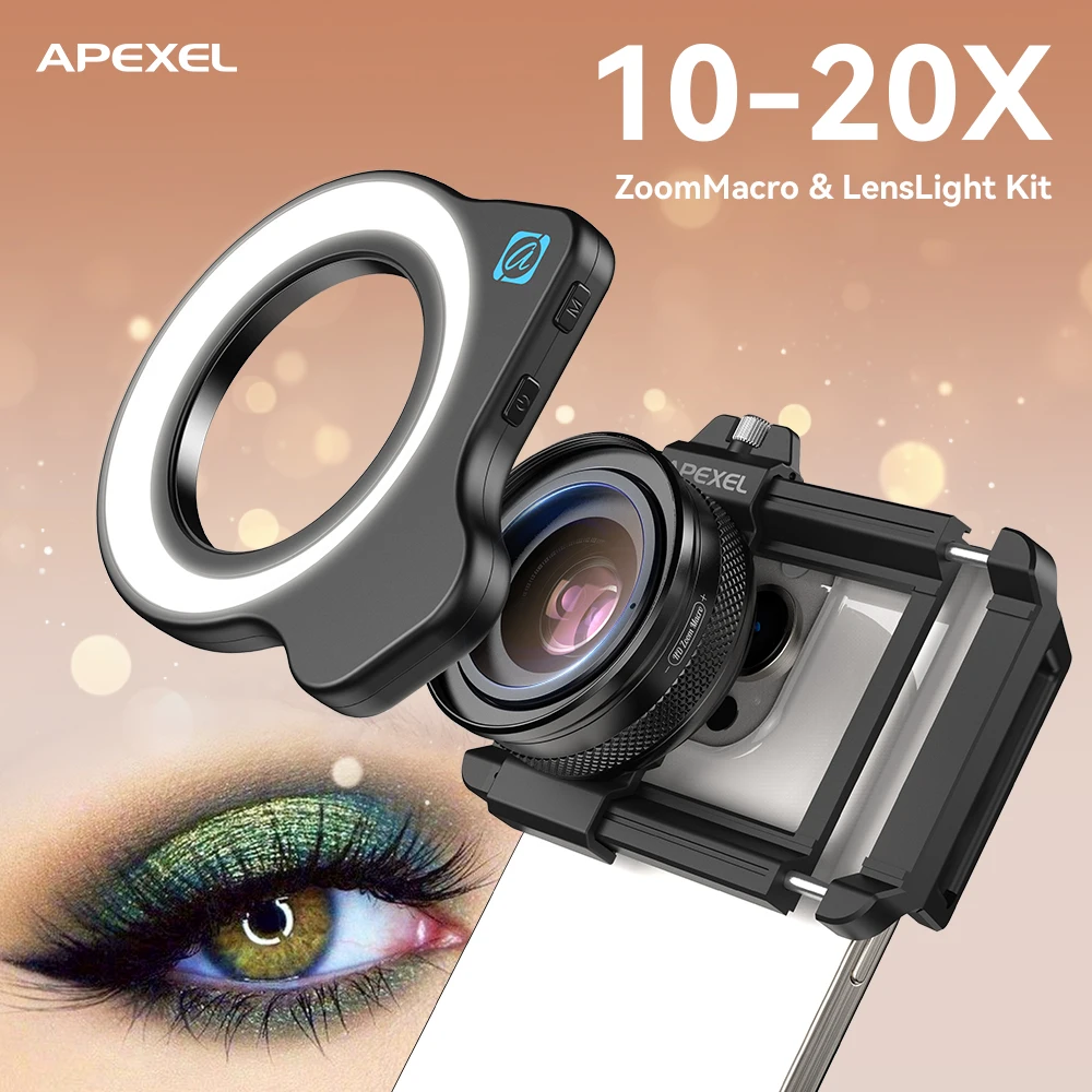

Макрообъектив APEXEL 10-20X Zoom со светодиодной заполняющей подсветкой HD Телефонная камера Микрообъективы для iPhone Samsung всех смартфонов Макро ресниц