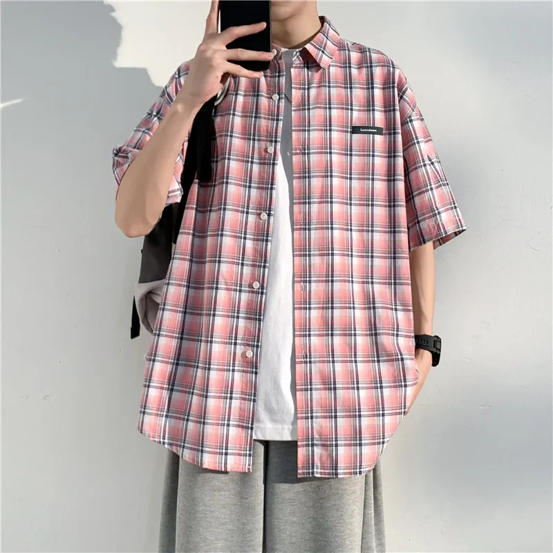 

Японская клетчатая рубашка с коротким рукавом, мужская летняя модная брендовая винтажная тонкая верхняя одежда, свободная повседневная рубашка для подростков и пар