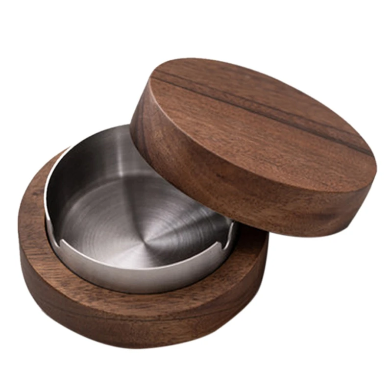 Walnut Ashtray With Lids Windproof Wooden Ashtray Portable Ash Holder For Smokers Desktop Office,Men's Gift