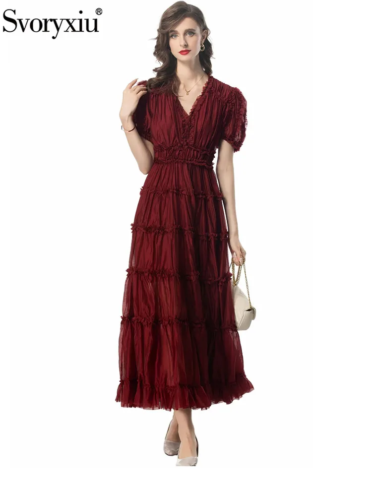 

Svoryxiu Runway Fashion Summer Party Burgundy Vintage Long Dress Women's Flounces V-Neck Puff Sleeve High Waist Big Swing Dress