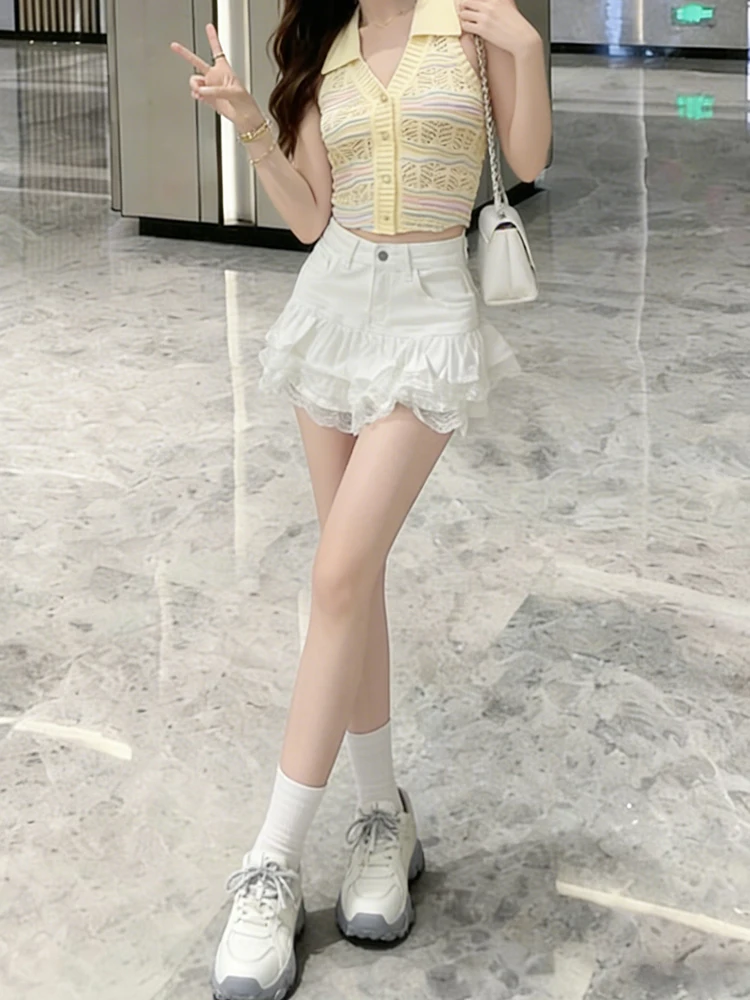 ホワイトパフィーケーキスカート-レディースデニムハーフスカート-薄手スイートバレエスタイルレーストリムショートスカート-ハイウエストコットンレースaライン