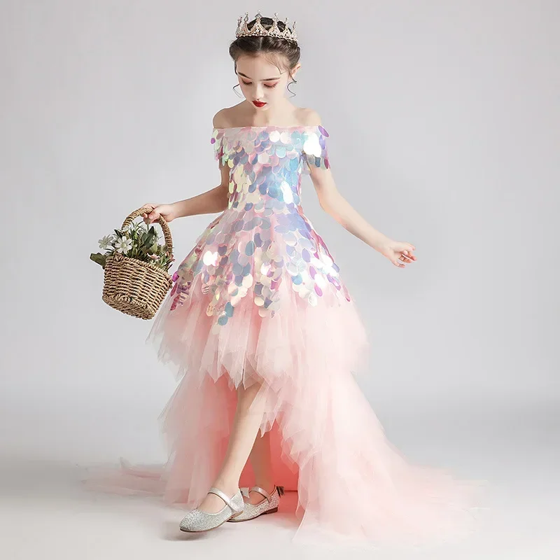 Flower Girl Dress Children Wedding Dresses Off Shoulder Kids Sequin Tulle Princess Gowns Girl Boutique Party Communion Frocks