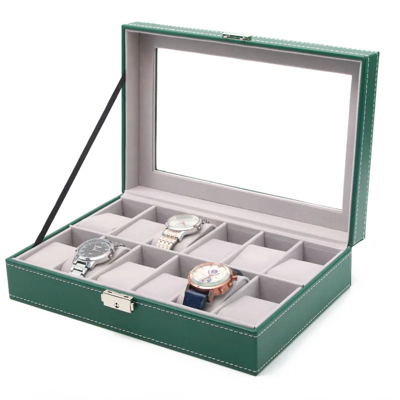 3/6/10/12Girds Green  PU Leather New Watch Organizer Boxes Watch Storage Case Display Storage Box for Watch and Jewelry