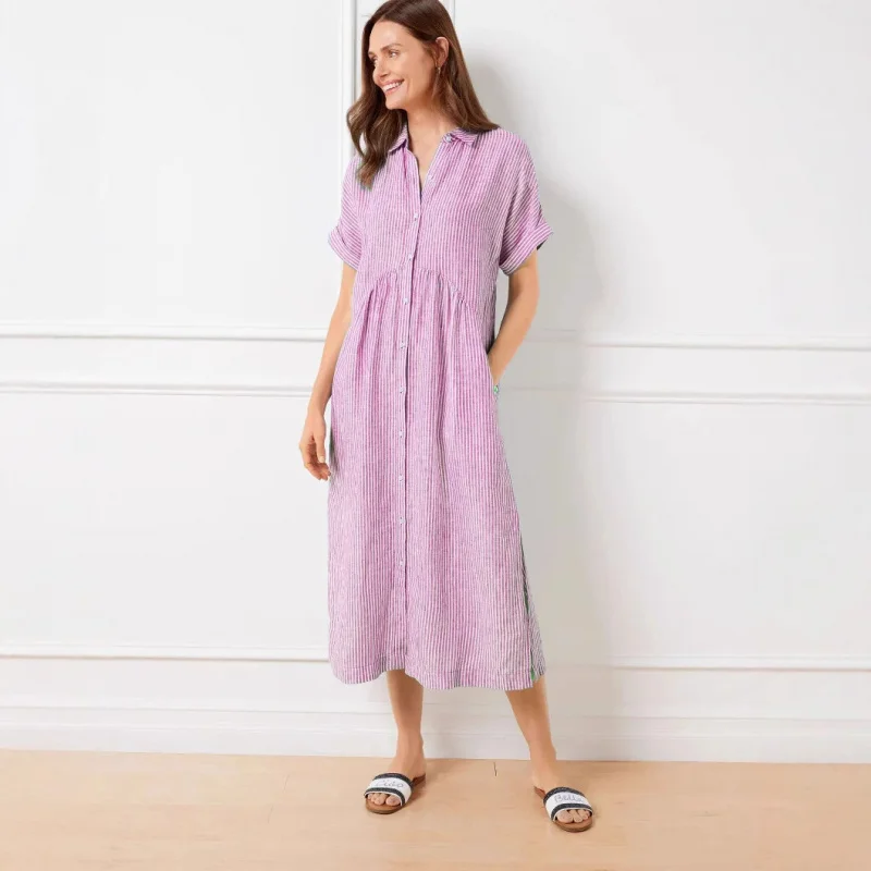 Abito camicia a righe da donna taglie forti - Abito midi in misto lino a maniche corte vestibilità ampia per l'estate