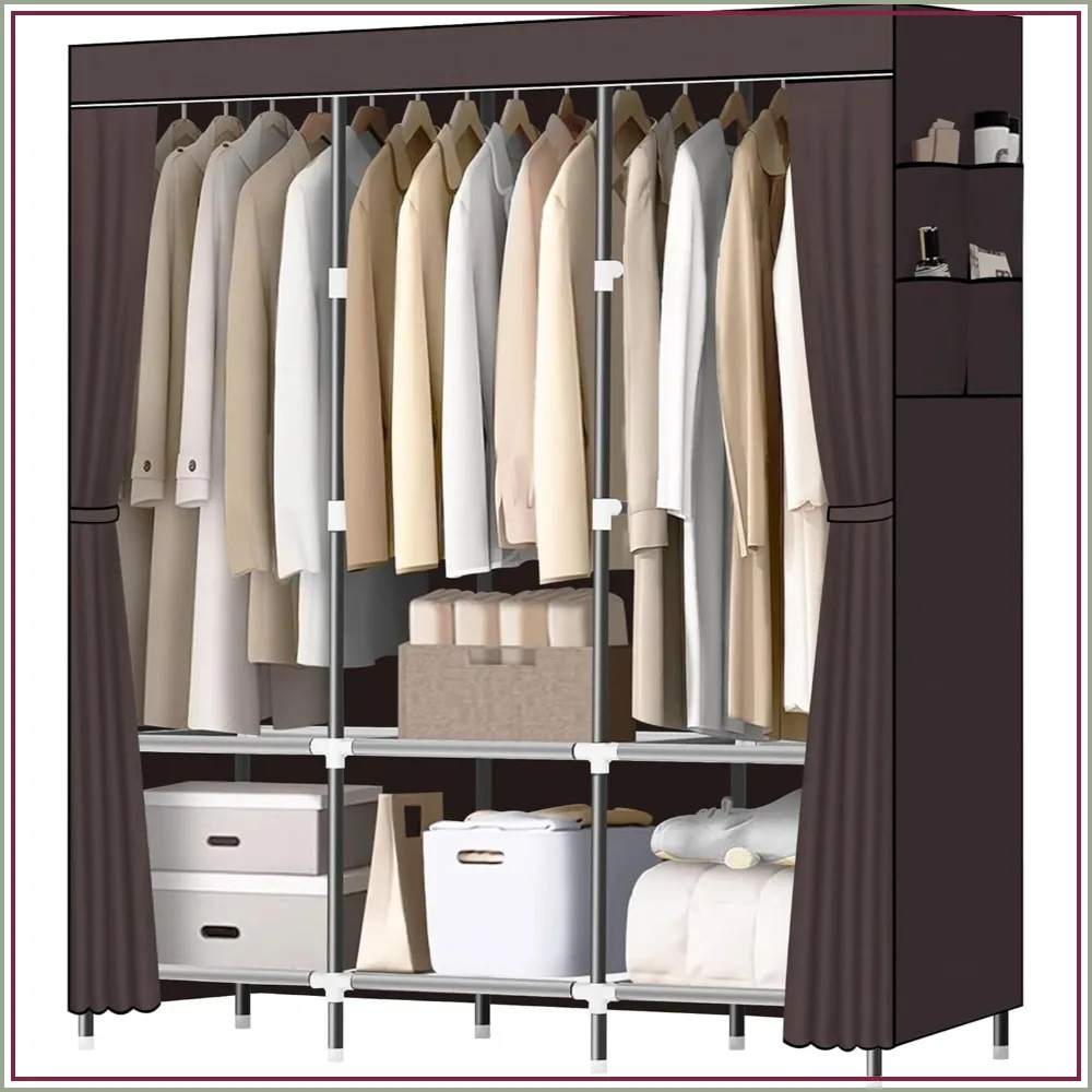 

Portable Closet for Bedroom, Strong Steel Pipe 19mm, 3 Hanging Rods, 6 Shelves & Side Pocket
