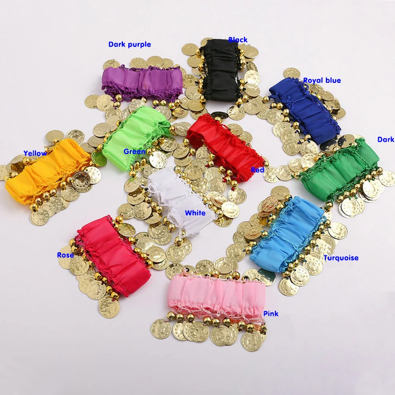 Pulseras de monedas de Metal para danza del vientre, puños de muñeca, moneda de oro de gasa, accesorios de baile de la India, cadena de muñeca